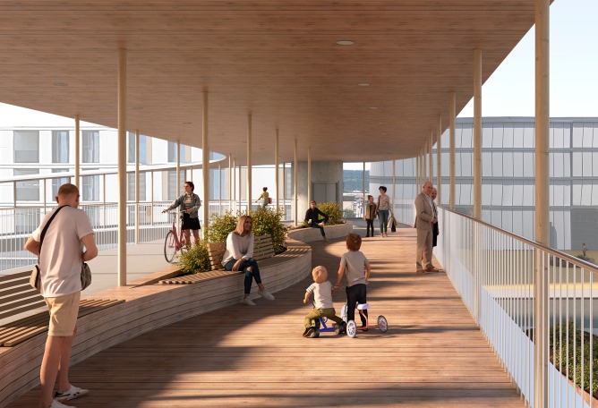 Rendering. Competition for a new footbridge in Delémont by atelier d21. Image by Camera Picta.