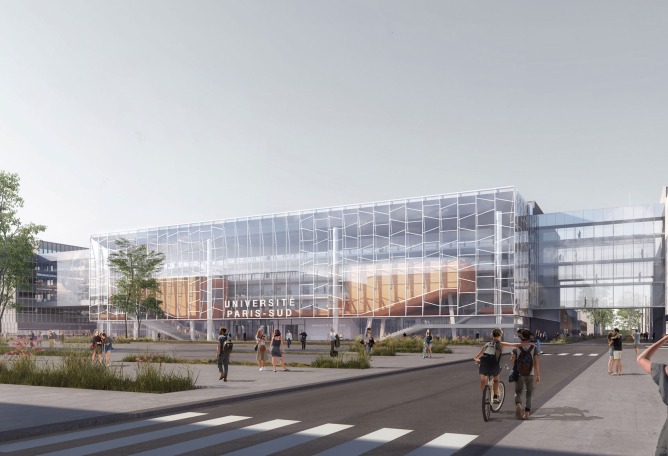 Rendering of the fully glazed main building. New centre of excellence in Biology-Pharmacy-Chemistry for Paris-Sud University © BTuA/BTA. Courtesy of Bouygues Construction