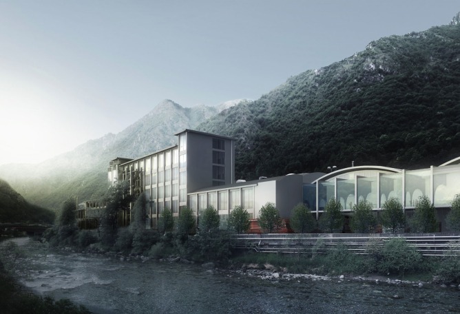 Vista desde el río. Visualización. San Pellegrino New Home por BIG. Imagen cortesía de San Pellegrino.