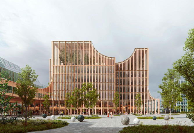 Rendering. Wooden Community and Municipal Building by Cobe and Lundén Architecture Company.