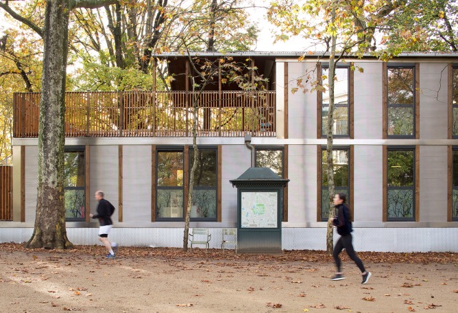 Wooden nursery in Luxembourg Gardens by Djuric Tardio Architectes. Photograph by Clément Guillaume