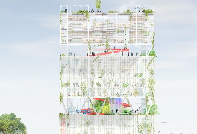 Banyan Hub | A complex program building enveloped by a green permeable skin, by Ecosistema Urbano