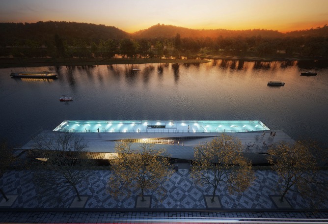 Visualización de la piscina flotante. La orilla del río de Praga por petrjanda / brainwork