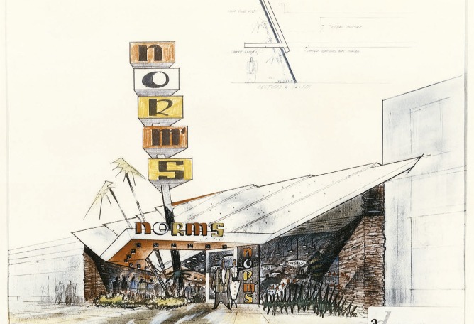 An early rendering of Norm's before the restaurant's iconic signage was developed.. Courtesy of Armet Davis Newlove Archtiects. 