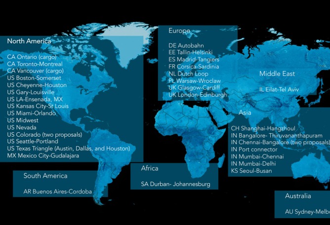 Mapa de Hyperloop One con los 35 equipos de 17 países por todo el mundo