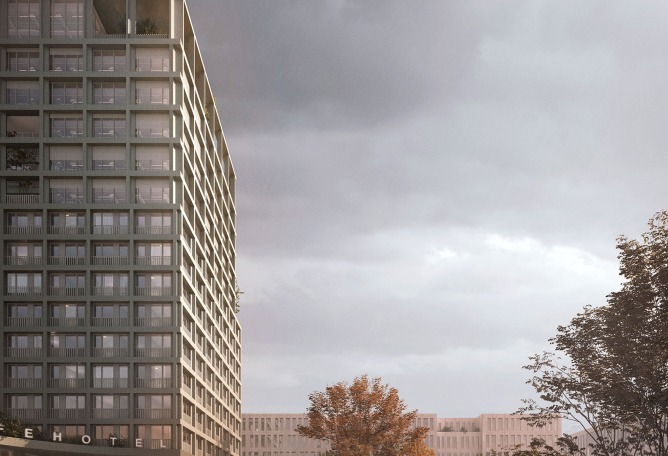 Rendering. Mixed-use hotel, retail and office building in Munich by Morris+Company and Kirchberger & Wiegner Rohde.