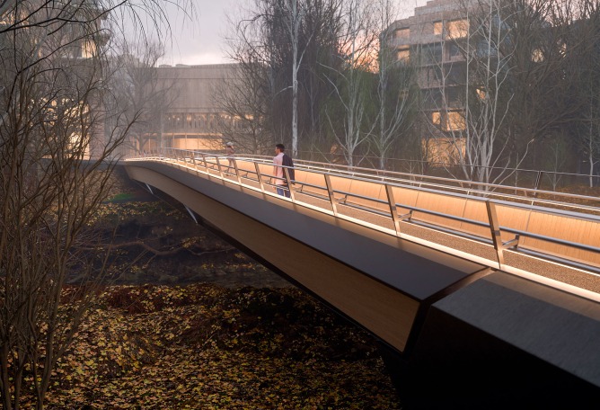 Kulturbroene north bridge. Visualisation of Culture Bridges, Lilleakerbyen, Oslo by Moxon Architects.