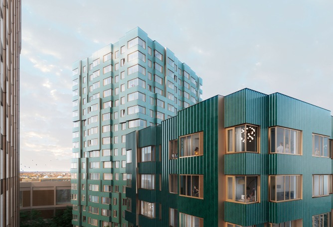 View of facade, rendering. Enterprise Research Campus - Residential buildings 3 & 5 by MVRDV.