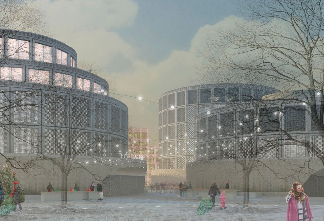 Verhagen and Rodriguez's proposal sees the wells left behind after the gas holders' dismantling infilled with telescopic cylindrical blocks.