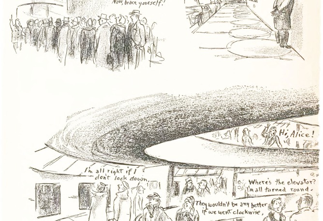 Ilustración de Alan Dunn, tras la inauguración el 21 de octubre de 1959. Cortesía de The New Yorker