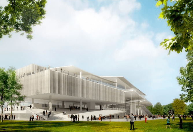 Vista exterior. Propuesta por SANAA para la Nueva Galería Nacional/Museo Ludwig. Imagen cortesía de Liget Budapest Design Competition.
