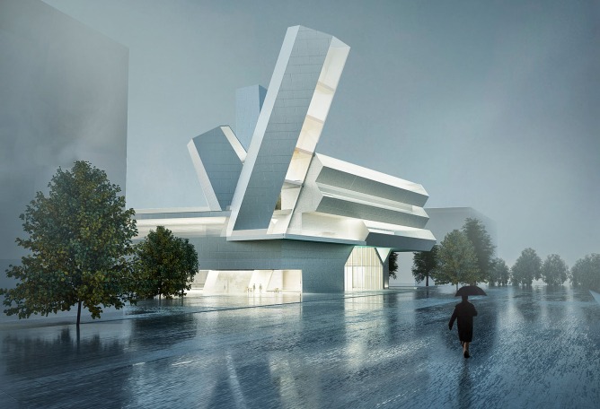 Vista exterior. Futuro campus de la Universidad de Dublín por Steven Holl Architects. Visualización por Steven Holl Architects