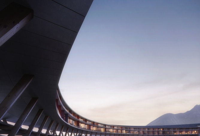 The circular shape provides panoramic views. Svart Hotel by Snøhetta. Image © Snøhetta/Plompmozes