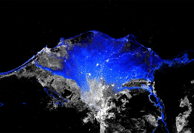 El delta del Nilo con un aumento del nivel del mar de 2 °C por encima de los niveles preindustriales en azul, datos de Sentinel. Territorial Agency: Océanos en Transformación, 2020