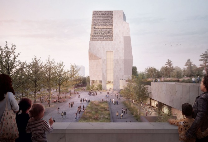 Plaza. A north-facing view of the Obama Presidential Center campus in Jackson Park. Images courtesy of Obama Foundation.