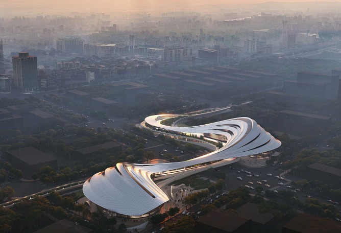 Nueva Ciudad de la Cultura y Centro de Arte de Jinghe por ZHA. Visualización por ATCHAIN.