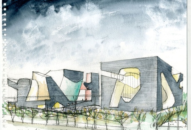 Acuarela. Tianjin Ecociudad Ecología y planificación de Museos diseñados por Steven Holl Architects.