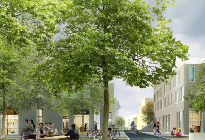 Exterior render. Kbm by de+ge in Konigsbrunn, Germany. 2011. Image courtesy of de+ge.