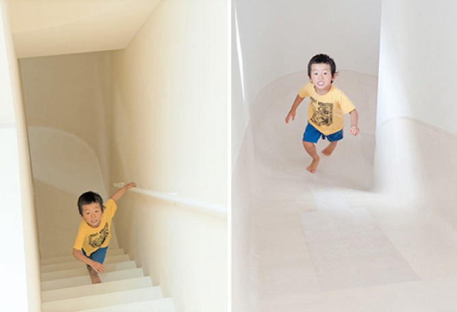 (Left) Stairs up to the top of the slide (Right) Slide.
